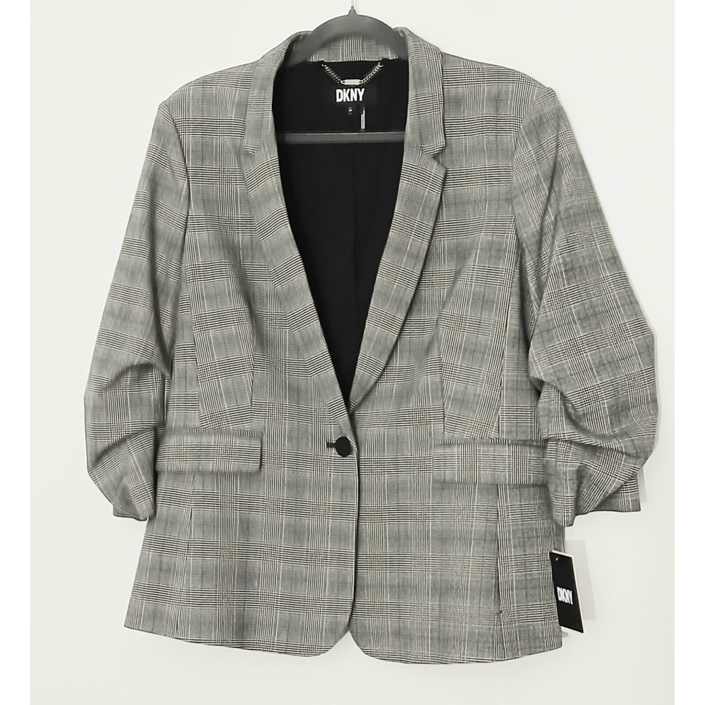 DKNY Blazer Women's 16P‎ Petite Plaid Printed Ruched-Sleeve One Button Office